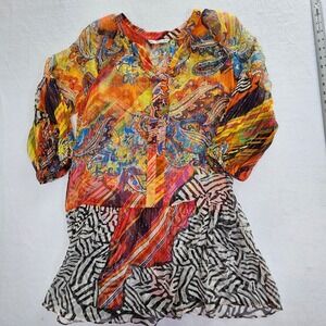 Peter Nygard Silk Metallic Paisley Zebra Print Tunic Top Multi-Color 341N0647